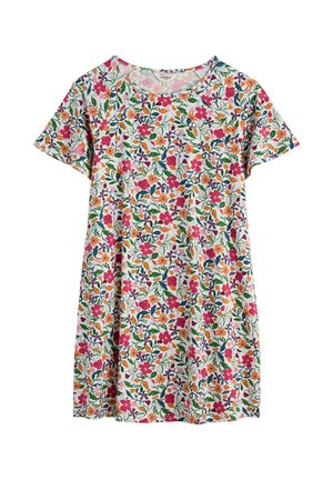 Vestido de manga corta con fondo blanco y un vibrante estampado floral en rosa, naranja, verde y azul por todo el tejido.