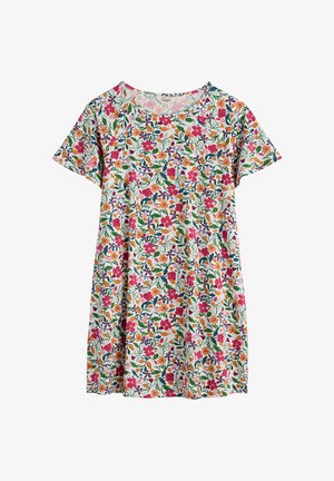 Īsroku kleita ar baltu fonu un košu ziedu rakstu rozā, oranžā, zaļā un zilā krāsā.