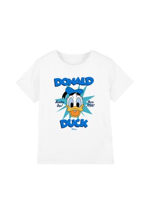 Weißes T-Shirt mit einem bunten Donald-Duck-Gesicht, blauer Schrift "Donald Duck" und den Sprüchen "Nummer Eins!" und "Seit 1934!" auf der Vorderseite.