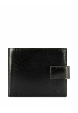 Czarny skórzany portfel składany na pół z zapięciem na zatrzask i subtelnym wytłoczonym logo w prawym dolnym rogu.