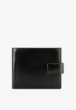 Czarny skórzany portfel składany na pół z zapięciem na zatrzask i subtelnym wytłoczonym logo w prawym dolnym rogu.