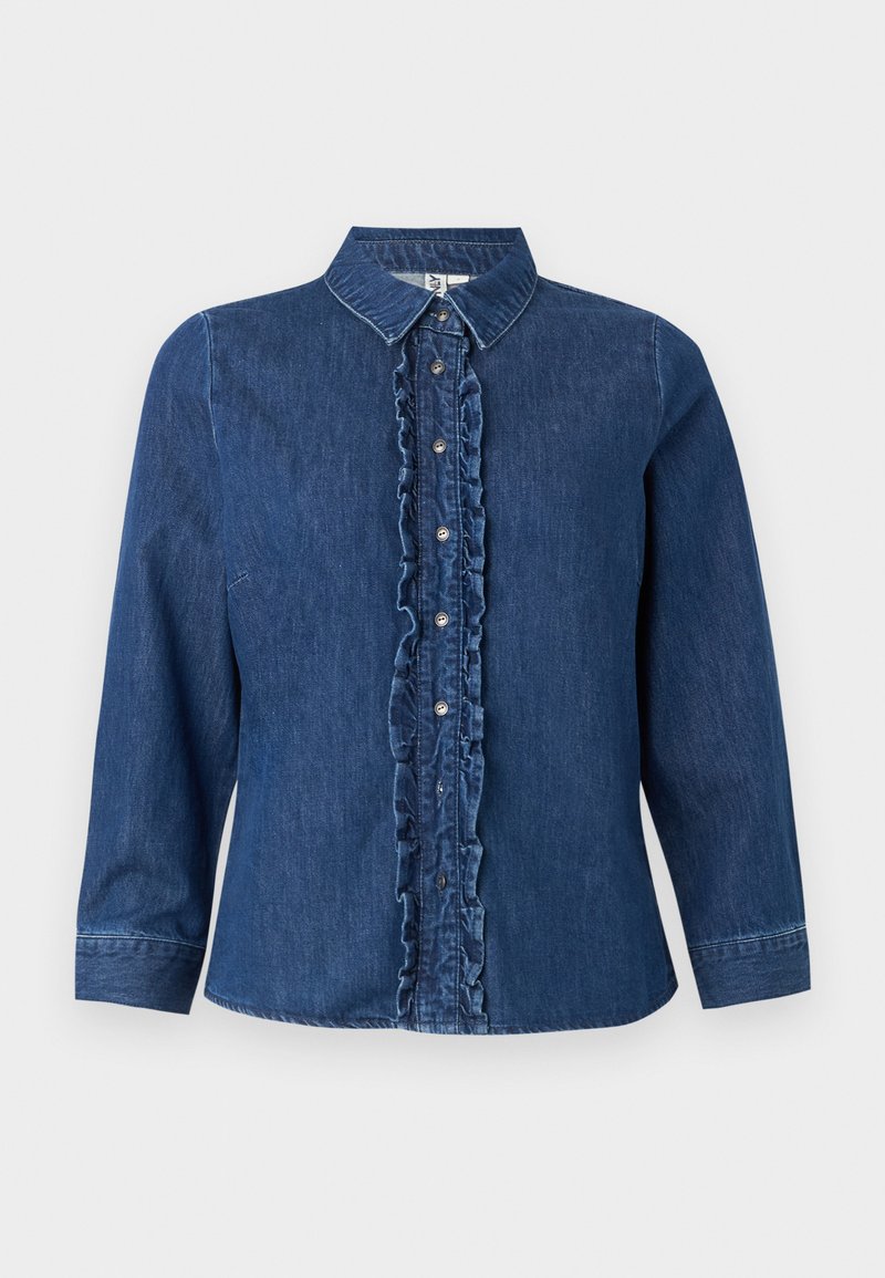 Chemise en denim à manches longues, couleur bleu foncé, patte de boutonnage froncée, fermeture à boutons et design de col classique.