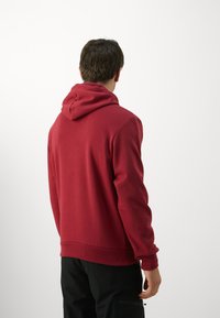 Rote Kapuzenjacke mit großer Kapuze, gerippten Bündchen und Saum. Glatte Textur, lässige Passform. Getragen mit schwarzen Hosen, Rückansicht gezeigt.