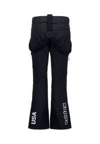 Pantaloni da sci neri con bretelle regolabili, gambe ampie svasate, tasche con zip e dettagli in bianco con la scritta "USA" sul lato.