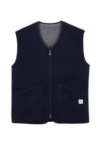 Gilet en polaire bleu marine avec fermeture éclair sur le devant, deux poches avant, et une doublure intérieure grise contrastante. Il présente une petite étiquette en bas à droite.