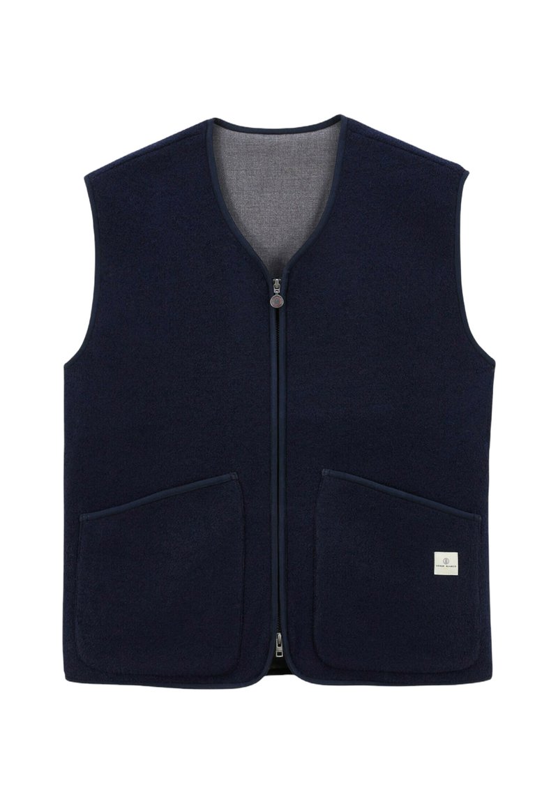 Gilet en polaire bleu marine avec fermeture éclair sur le devant, deux poches avant, et une doublure intérieure grise contrastante. Il présente une petite étiquette en bas à droite.