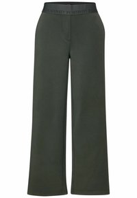 Groene wijdvallende broek met een elastische tailleband met de ingedrukte tekst "POSITIVITY." Gemaakt van zachte, gladde stof met een casual design.