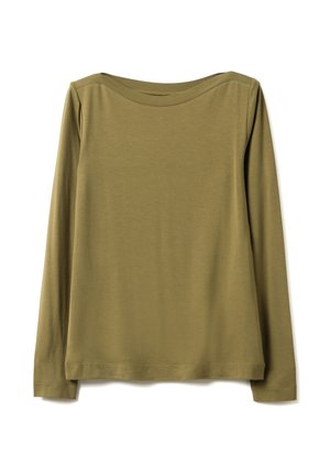 Chemise à manches longues vert olive avec un large col rond et un ourlet droit, étalée à plat sur un fond blanc.