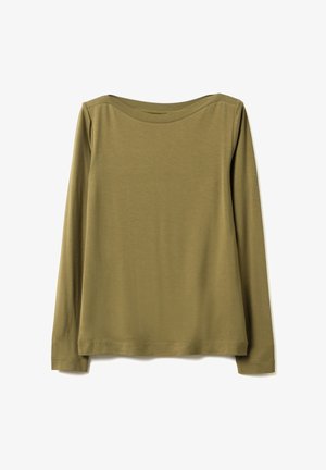 Chemise à manches longues vert olive avec un large col rond et un ourlet droit, étalée à plat sur un fond blanc.