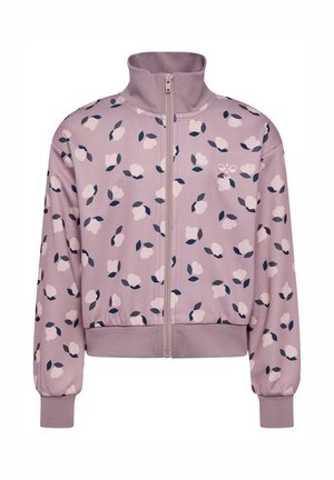 Fliederfarbene Reißverschlussjacke mit hohem Kragen, elastischen Bündchen und einem floralen Muster in Hellrosa und Dunkelgrün, das auf dem Stoff verteilt ist.