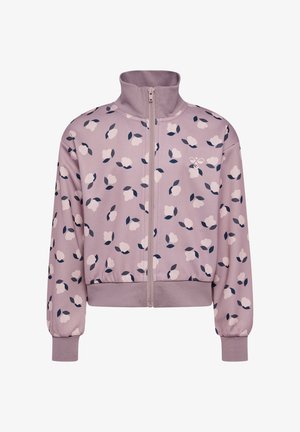 Fliederfarbene Reißverschlussjacke mit hohem Kragen, elastischen Bündchen und einem floralen Muster in Hellrosa und Dunkelgrün, das auf dem Stoff verteilt ist.