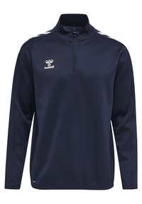Navyblauwe pullover met lange mouwen, hoge kraag, halve rits en witte chevronaccenten op de schouders. Logo op de linkerkant van de borst.