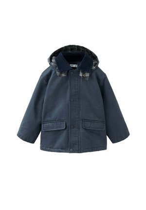 Chaqueta de invierno para niño azul marino con botones delanteros, dos bolsillos con solapa y forro de capucha a cuadros.
