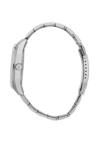 Zilveren metalen horloge met een rechthoekige wijzerplaat, gekoppelde band en een rond logo. Beschikt over een gepolijste afwerking en zichtbare verstelgaten.