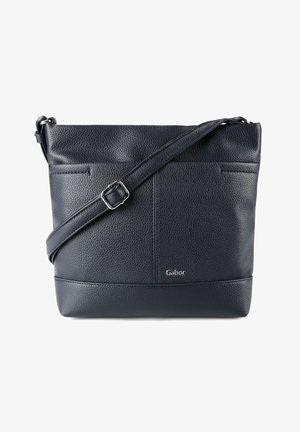 Czarna torebka na ramię z teksturowanej skóry, z regulowanym paskiem i logo „Gabor” na środku z przodu.