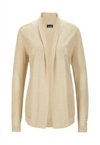 Cardigan en tricot beige avec un design en maille ajourée, des manches longues et un col châle. Texture douce, tissu léger et coupe décontractée.