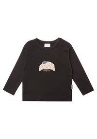 Schwarzes Langarmshirt aus weichem Baumwollstoff mit einem Cartoon-Croissant, das eine Baskenmütze trägt, und dem Wort "Bonjour" darunter. Druckknopfverschluss an der Schulter.