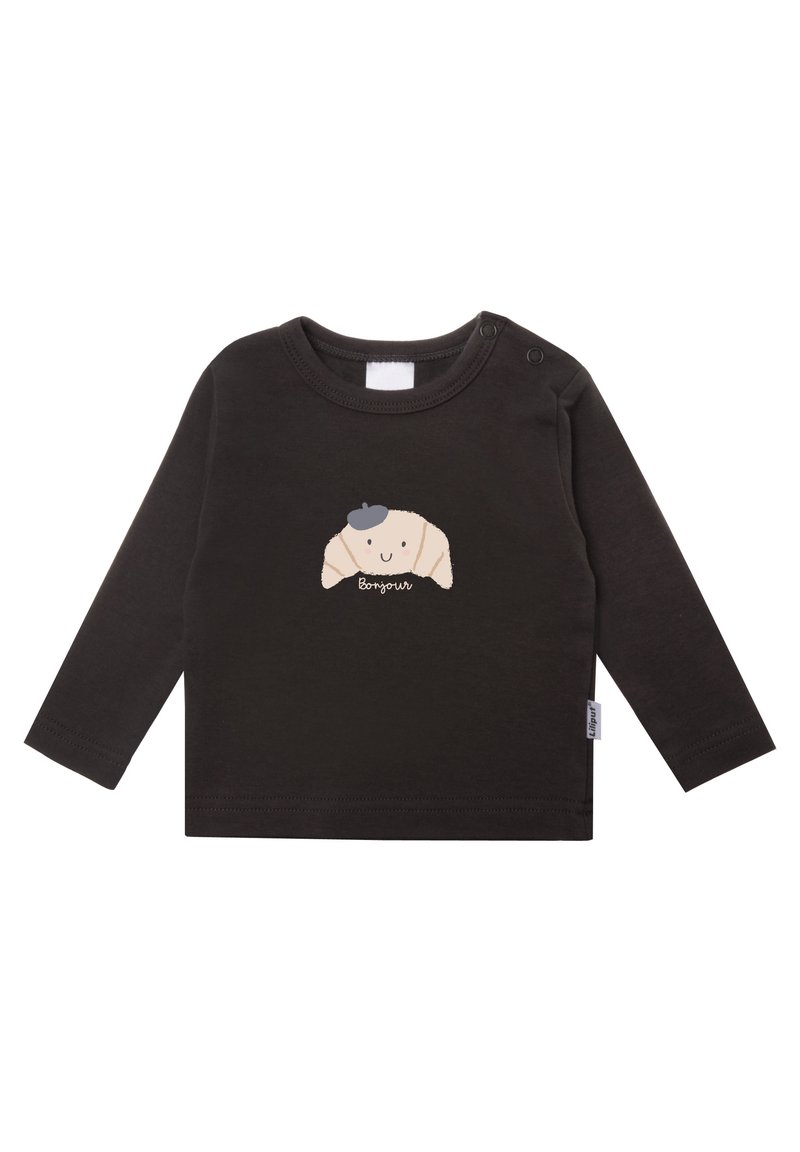 Schwarzes Langarmshirt aus weichem Baumwollstoff mit einem Cartoon-Croissant, das eine Baskenmütze trägt, und dem Wort "Bonjour" darunter. Druckknopfverschluss an der Schulter.