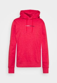 Sudadera roja hecha de tela suave, con capucha, cordones, puños acanalados y un pequeño logo en el pecho. Diseño sencillo, color sólido.