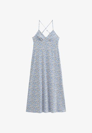 Bloemmotief jurk in lichtblauw met gele en donkerblauwe accenten. Kenmerkt zich door dunne banden en een vloeiende silhouette. Gemaakt van lichte stof.