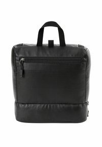 Sac noir rectangulaire compact avec une poignée supérieure, poche zippée à l'avant et base renforcée, présenté sur un fond blanc.