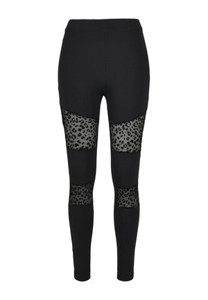 Mustad retuusid läbipaistvate leopardimustriliste detailidega reitel. Siledast kangast, keha järgiva lõikega ja elastse vöökohaosaga.