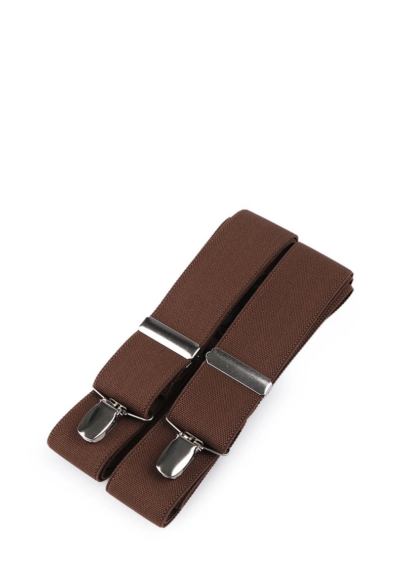 Braune elastische Hosenträger mit Metallclips. Sie verfügen über einen strukturierten Stoff und ein robustes Design. Jeder Riemen ist etwa 2,5 cm breit.