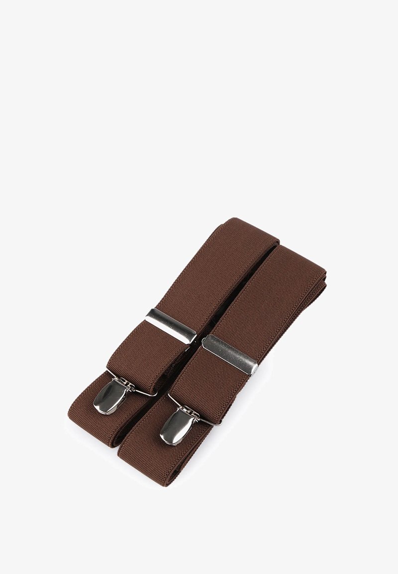 Bretelles élastiques marron avec clips en métal. Elles présentent un tissu texturé et un design robuste. Chaque sangle mesure environ 2,5 cm de large.
