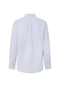 Camisa de mangas largas de rayas azul claro y blanca con cuello de punta, puños con botón y un pliegue en la parte trasera para mayor comodidad.