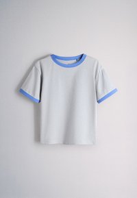 Light gray short-sleeve t-shirt with blue trim on collar and sleeve edges, displayed against a plain light background.