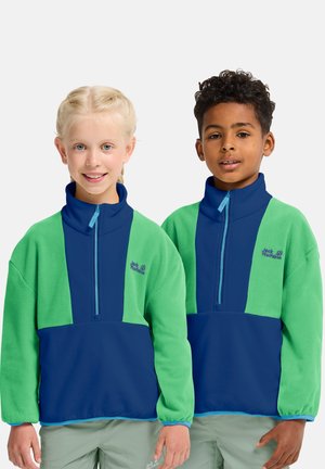 Zwei Kinder tragen passende grüne und blaue Fleecejacken mit Reißverschluss und stehen nebeneinander vor einem schlichten Hintergrund.