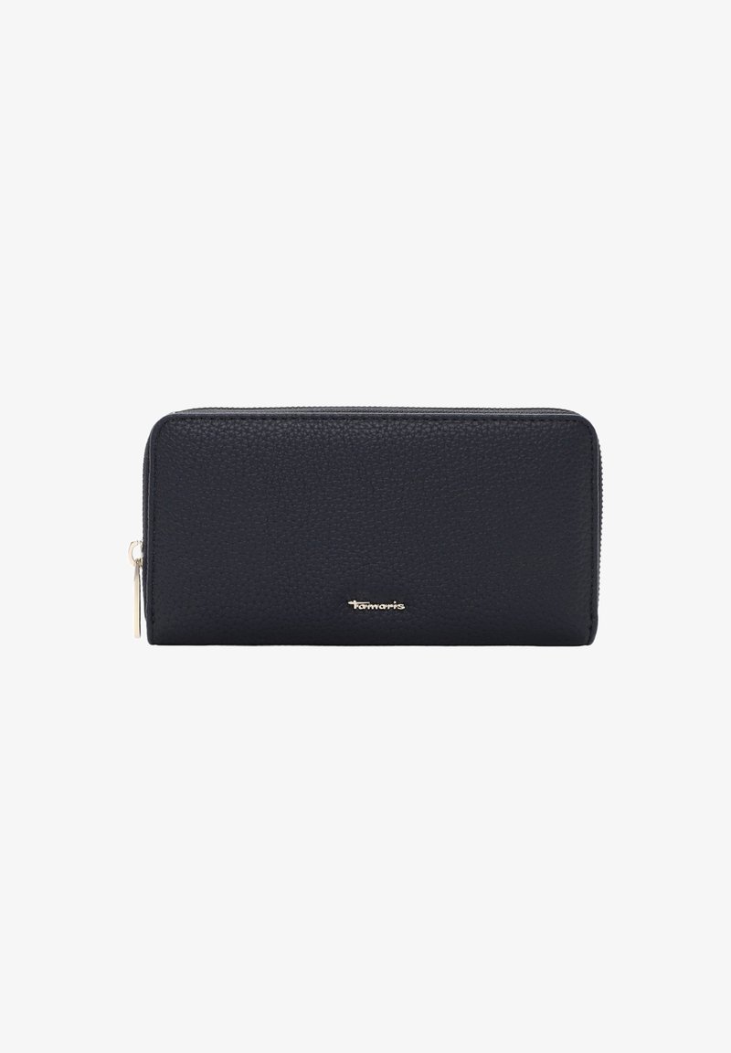 Portefeuille en cuir noir texturé avec fermeture éclair et un logo en métal argenté sur le devant. Forme rectangulaire. Fini lisse.