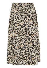 Jupe à imprimé léopard en tissu léger, forme évasée, et taille élastique. Présente des nuances variées de beige, noir et taches marron.