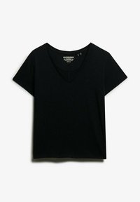 Zwart V-hals T-shirt van zachte stof. Korte mouwen, losse pasvorm, met een klein logo op de borst en een basic, minimalistisch ontwerp.