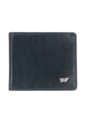 Portafoglio in pelle nera con una texture liscia, design a pieghevole e un piccolo emblema argentato di un toro nell'angolo frontale.