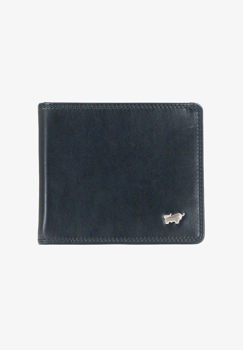Portafoglio in pelle nera con una texture liscia, design a pieghevole e un piccolo emblema argentato di un toro nell'angolo frontale.