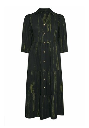 Musta ja tummanvihreä napillinen midipitkä mekko, jossa on kerroksellinen hame, liehukkeet kolmella neljäsosahihalla ja kaulus.