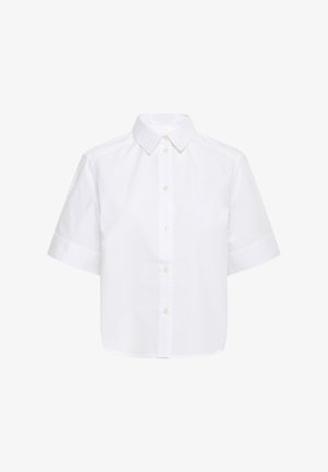 Hvid kortærmet skjorte i bomuldsstof med spids krave, frontlukning med knapper og struktureret design med en afslappet pasform.