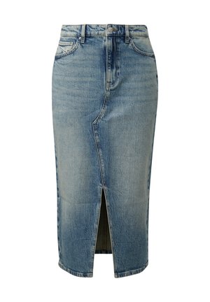 Jupe crayon en denim bleu clair avec une fente devant, cinq poches et une fermeture à zip. Dispose d'une taille classique et d'une texture délavée.