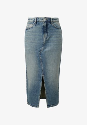 Lichtblauwe denim pencil skirt met een vooraanstaande split, vijf zakken en een ritssluiting. Heeft een klassieke tailleband en een vervaagde textuur.
