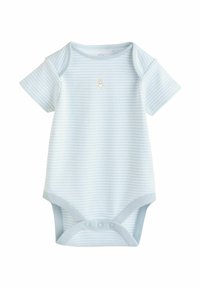 Lyseblå babybodystocking med korte ærmer og hvide striber, med en lille bamsebrodering på brystet og trykknapper i bunden.