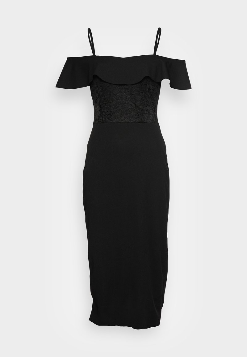Robe midi noire épaules dénudées avec fines bretelles, corsage en dentelle et détail volanté le long de l'encolure et des bras supérieurs.