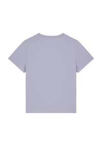 Korte mouwen t-shirt van zacht lavendelstof, ronde hals, relaxte pasvorm, gladde textuur, effen achterkant zonder zichtbare patronen of accenten.