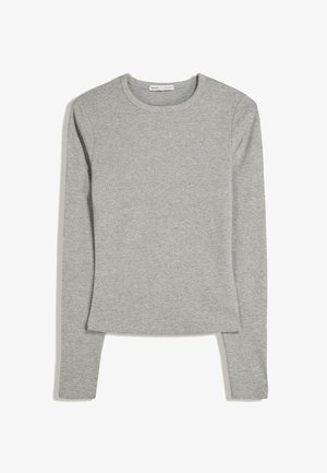 Langärmliges graues T-Shirt aus weicher Baumwolle, mit rundem Ausschnitt und taillierter Silhouette, ohne sichtbare Muster oder Akzente.