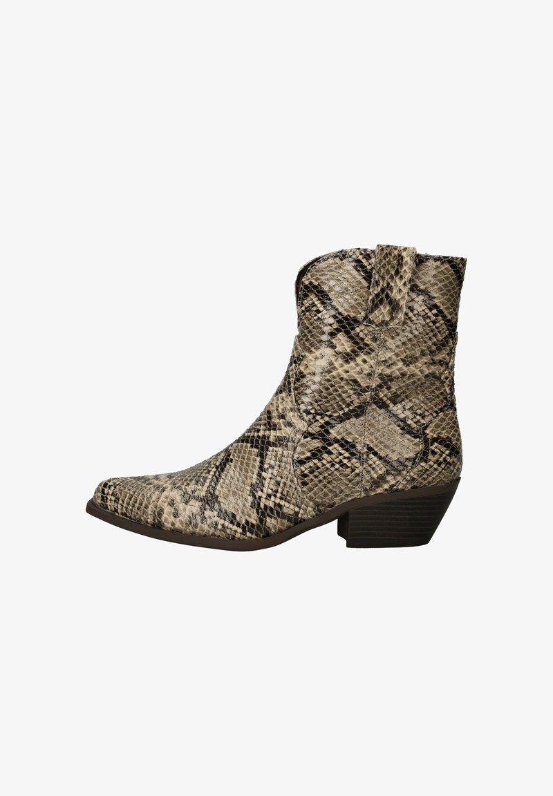 Schoenen met slangenhuidpatroon tot de enkel in beige en bruine tinten, met een spitse neus, een lage hak en een trekband aan de achterkant voor gemakkelijk aan- en uittrekken.