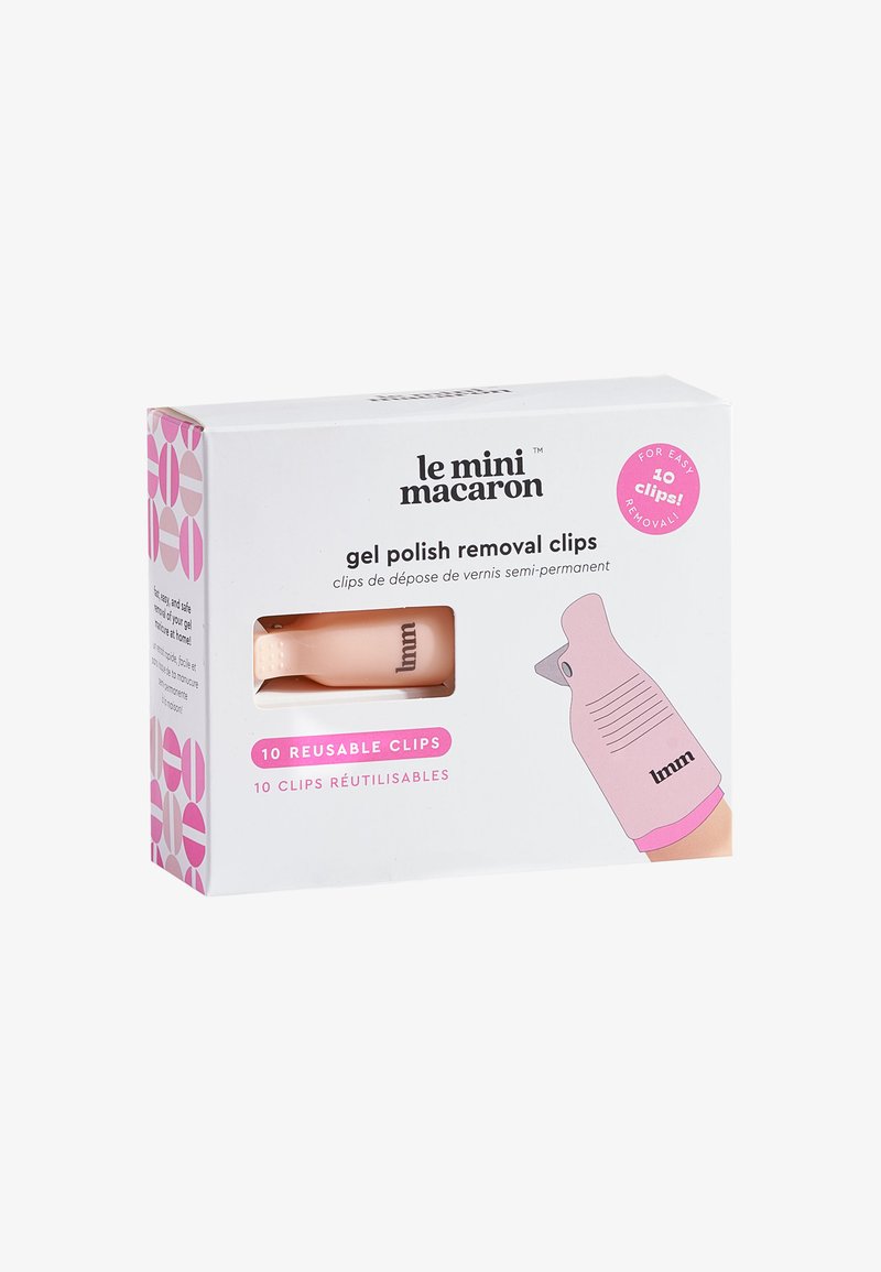 Des clips pour le retrait de vernis à ongles en gel emballés dans une boîte blanche. Les clips sont roses avec une surface texturée et disposent d'une petite découpure pour une prise en main facile.