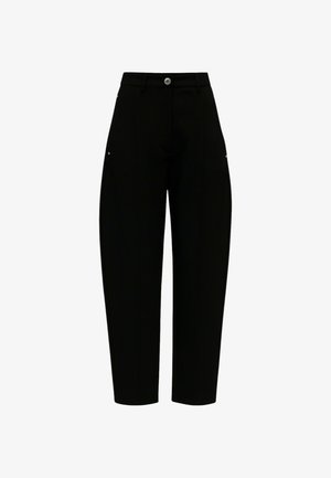 Pantaloni neri con design a gamba dritta, caratterizzati da vita alta, chiusura frontale con cerniera e singolo bottone, e due tasche laterali.