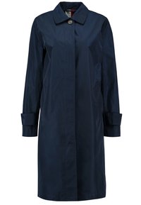 Granatowy, wodoodporny płaszcz trench z klasycznym kołnierzem, bocznymi kieszeniami i pojedynczym zapięciem na guzik. Gładka tekstura, długie rękawy.