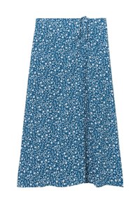 Sininen kukallinen kietaisuhame, jossa on kevyt kangas, suora siluetti ja sivutaskukiinnitys, jossa on valkoisia kukkakuoseja koko hameen alueella.