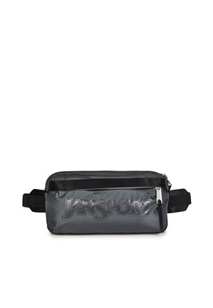 Sac banane JanSport compact noir et gris avec une poche avant zippée et une sangle réglable.